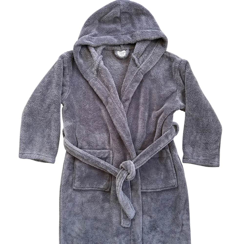 Bare Cotton Plush Microfiber Hooded Robe Kids L Gray Luxury Hotel Spa Excellent‎